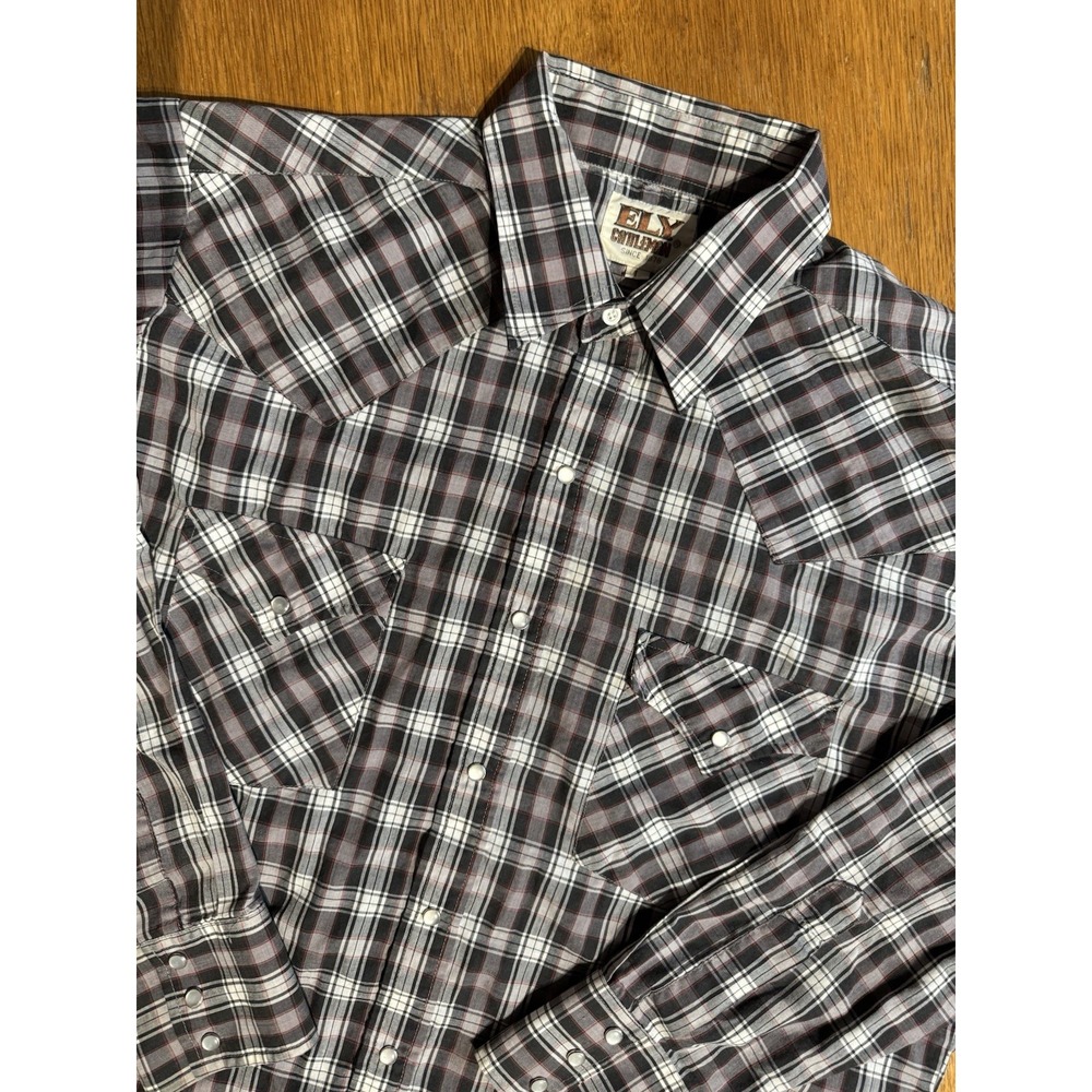 VTG Ely Cattleman Shirt Mens L Black Red Plaid Pearl Snap Western‎ Cowboy Rodeo